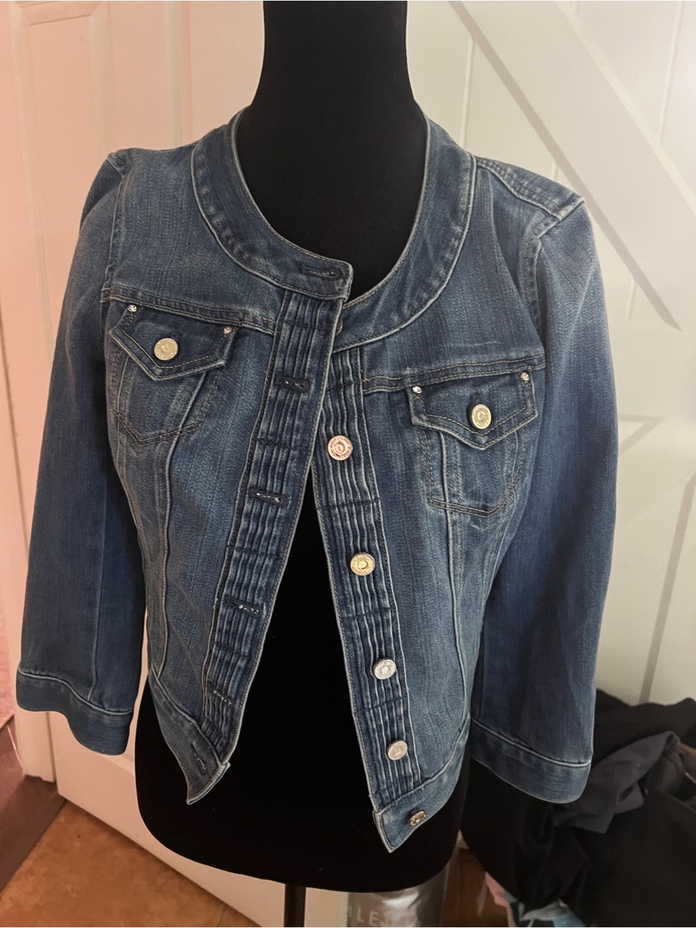 White House Black Market Dark Blue Cropped Jean Jacket